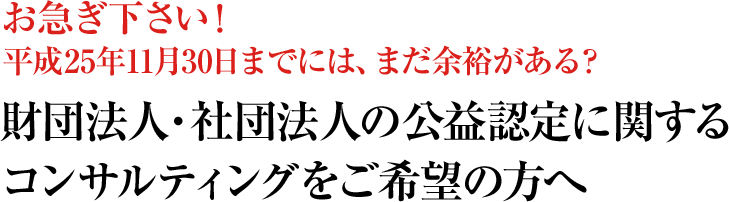 お急ぎ下さい！平成25年11月30日までには、まだ余裕がある？財団法人・社団法人の公益認定に関するコンサルティングをご希望の方へ